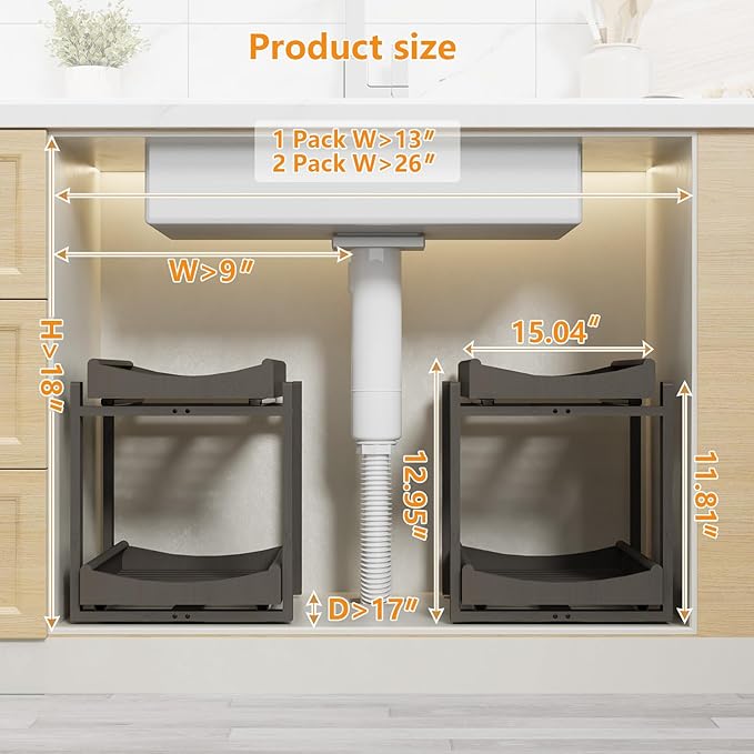 Bamboo Under Sink Organizer Adjustable Height 2 Tier Bathroom Organizer Pull Out Cabinet Storage Kitchen Heave Duty Wood Slide Ou Shelf for Kitchen Bathroom (Black, 2 Packs)