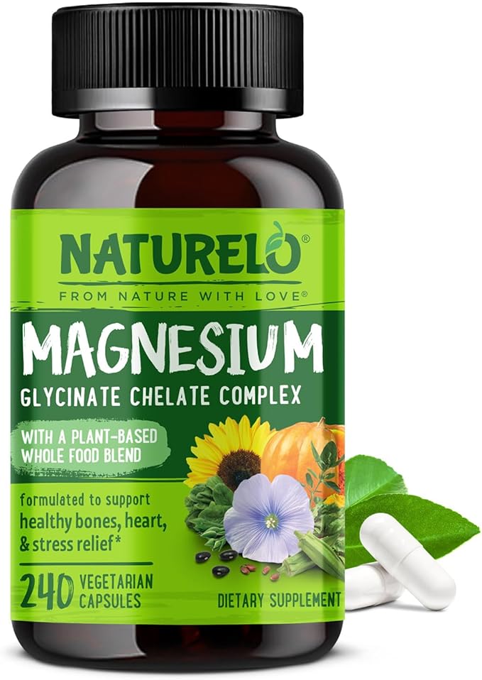 NATURELO Magnesium Glycinate Chelate Complex - 200 mg Magnesium with Organic Vegetables to Support Sleep, Calm, Muscle Cramp & Stress Relief - Gluten Free, Non GMO - 240 Capsules