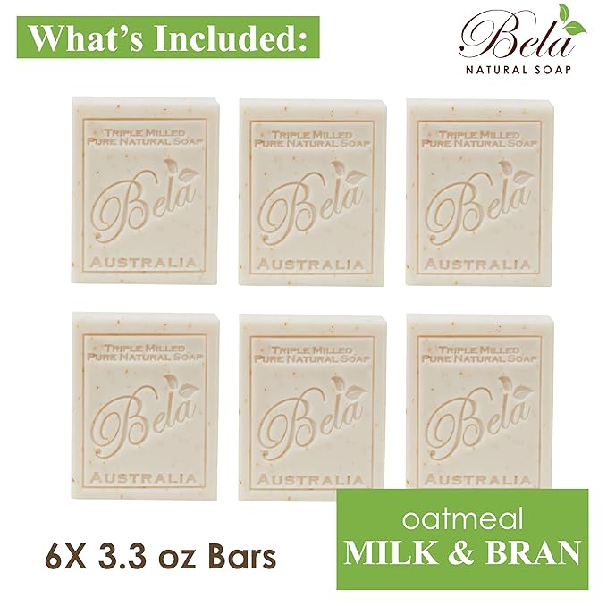 BELA Oatmeal Soap with Milk and Bran 3.3 OZ, Pack of 6, Long Lasting French Triple Milled Bar Soap with Organic Shea Butter, Hand, Face and Body Wash Bars, Made in Australia