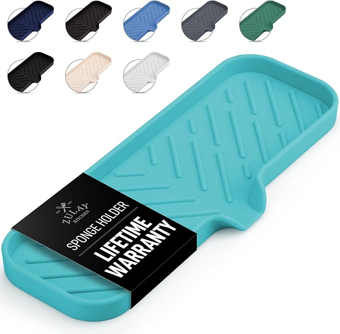 Zulay Kitchen Large Silicone Sponge Holder (12x4) – Flexible Sink Organizer Tray for Kitchen & Bathroom – Multipurpose Soap Dish for Sponges, Makeup, Trinkets & More (Aqua Sky)