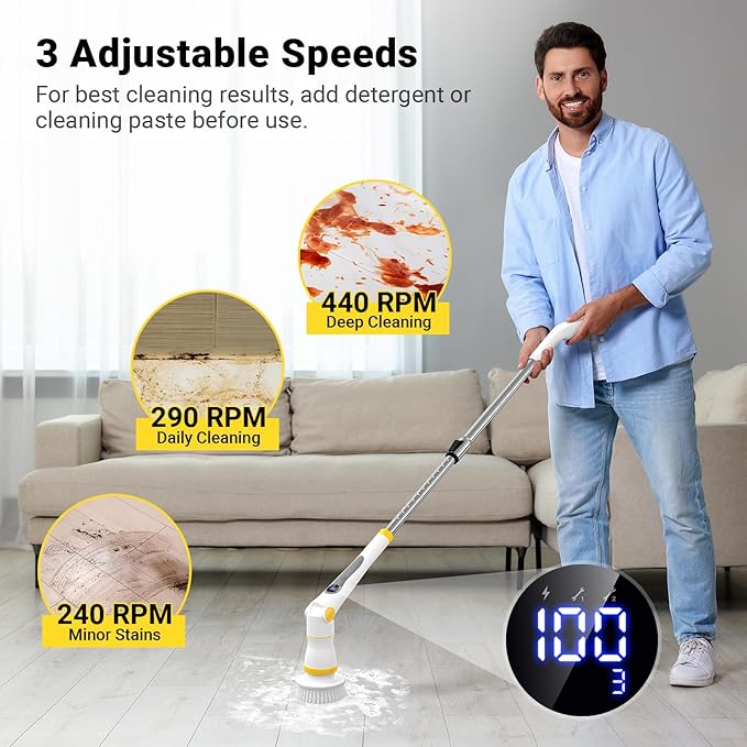 Electric Spin Scrubber, Cordless Cleaning Brush with LED Display, 4 Adjustable Angles, 3 Speeds, 2H Runtime, Adjustable Handle, 5 Brush Heads for Bathroom Tub Kitchen Tile Floor Car