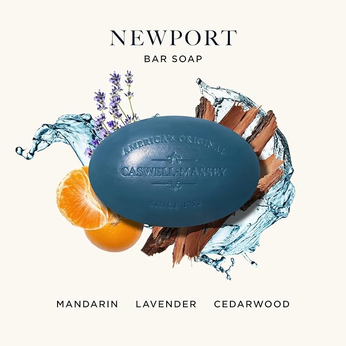 Caswell-Massey Newport Men’s Bar Soap, Sophisticated Marine Scent, Moisturizing Natural Body Wash for Bath, Face & Hands, Triple-Milled with Essential Oils, Plant-Based & Cruelty-Free, 5.8 oz
