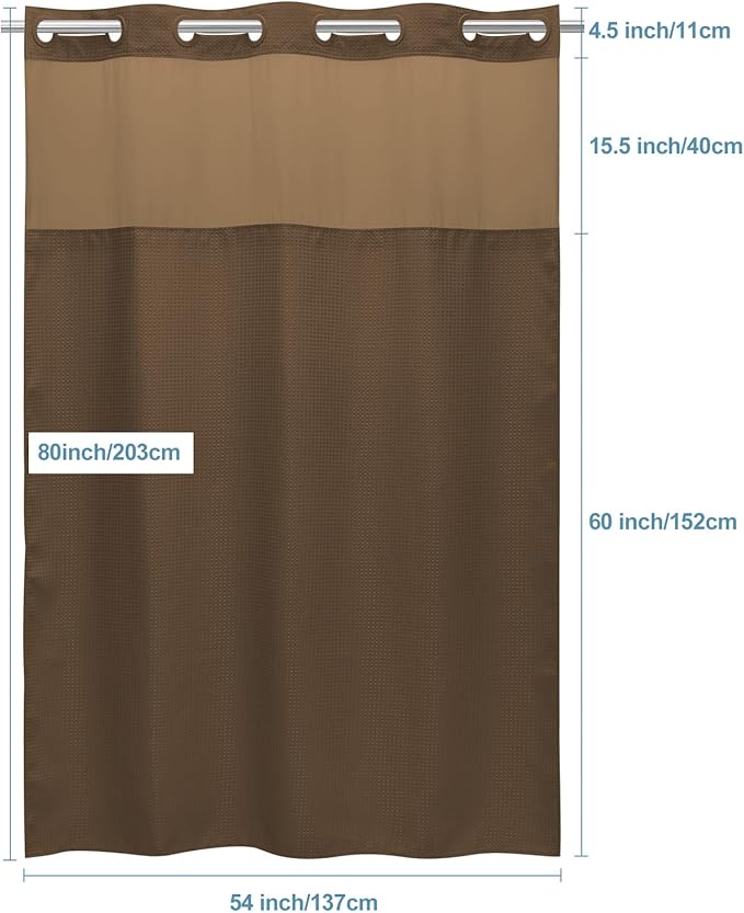 Brown Stall No Hook Shower Curtain with Snap in Liner,230GSM Waffle Weave Shower Curtains for Bathroom,54W x 80H
