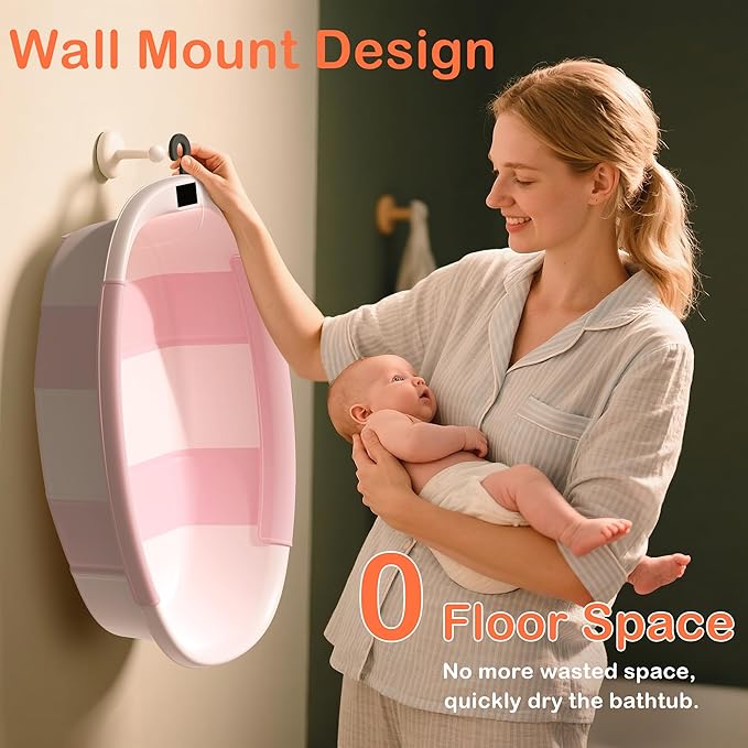 Collapsible Baby Bathtub - Large Baby Bath Tub with Thermometer & Cushion | Travel Portable Newborn Infant Bathtub | Foldable Toddler Bathtub for Baby 0 to 36 Months (Pink)