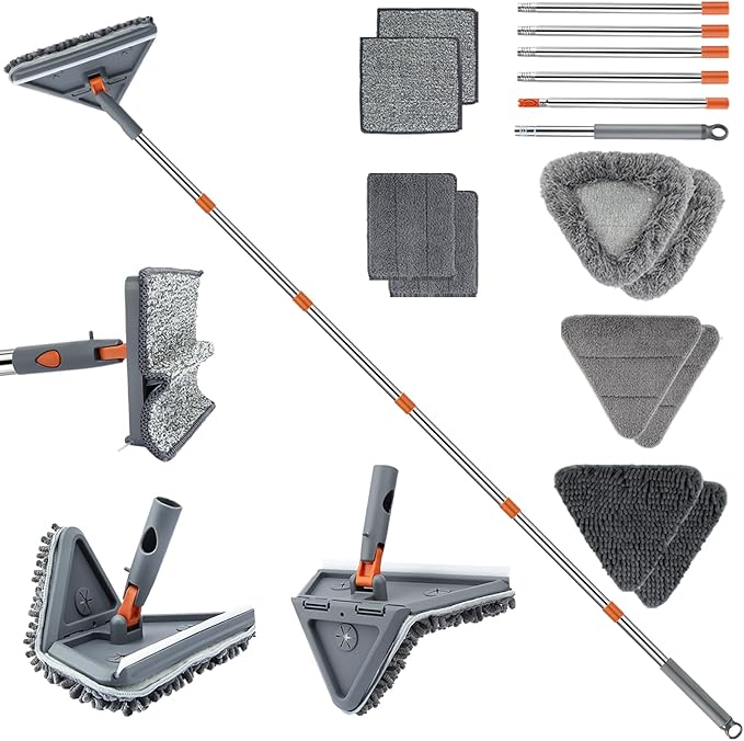 Wall Cleaner Mop with 94" Long Handle, 2-in-1 Triangle & Rectangle Head with Squeegee, 10 Washable Pads, Baseboard Cleaner Tool for Walls Scrubber, Ceilings, Windows, Glass, Fans, Doors, Corners