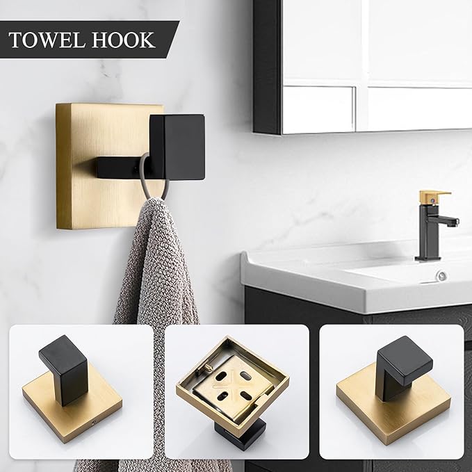 TURS 5-Piece Bathroom Hardware Set Black and Gold Towel Bar Sets Include 24 Inch Towel Bar Hand Towel Holder Toilet Paper Holder and 2 Towel Hooks,Stainless Steel Wall Mounted