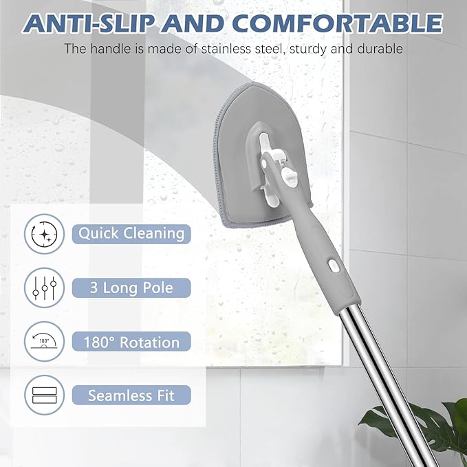 SetSail 4-in-1 Tile Tub Floor Scrubber with 52-inch Adjustable Long Handle Shower Cleaner Brush with Window Scrubber and 3 Replacement Brush Heads for Bathroom Kitchen Walls Tub Tile Sink, Grey