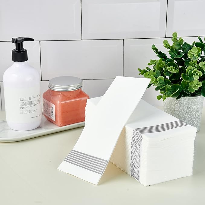 LITOPAK 300 Pack Disposable Guest Towels, Disposable Hand Towels for Bathroom, Paper Dinner Napkins for the Kitchen, Soft, Party Napkins, and Wedding Napkins(Silver)