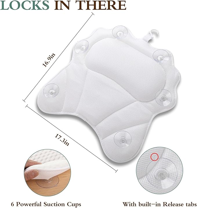 Bath Pillow RUVINCE Ergonomic Luxury Bathtub Pillow with Head,Neck, Shoulder and Back Support, 4D Bath Pillows for tub with 6 Powerful Suction Cups, Fits All Bathtub