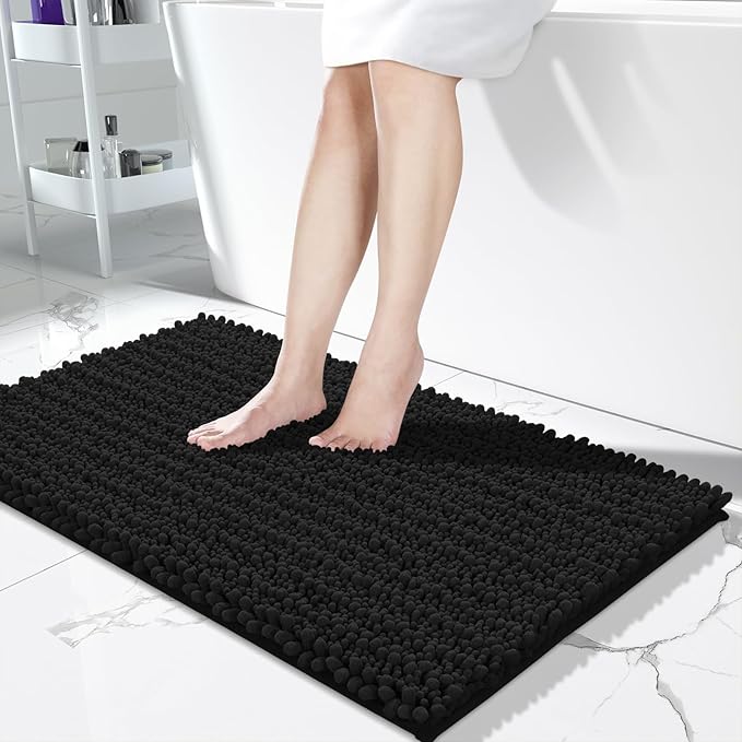 Yimobra Long Bathroom Rugs Non Slip Washable 44x24 Inch - Ultra Soft Absorbent Chenille Bath Mat, Quick Dry Shaggy Floor Carpet for Tub Shower, Black Home Decor Accessories