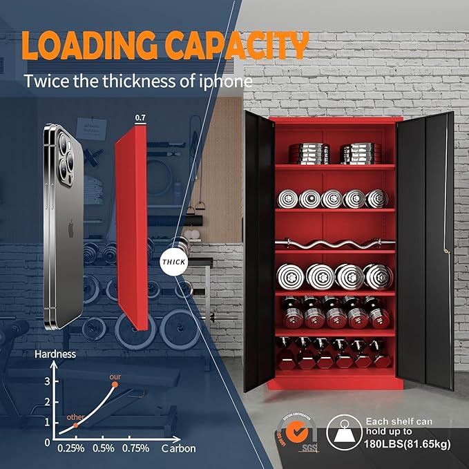 Yizosh Metal Garage Storage Cabinet with 2 Doors and 5 Adjustable Shelves - 71" Steel Lockable File Cabinet,Locking Tool Cabinets for Office,Home,Garage,Gym,School (Red Black)