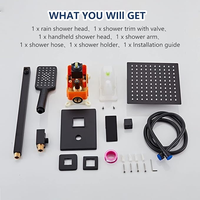 8 Inch Shower System with Tub Spout, Black Shower Faucet Set for Bathroom, Square High Pressure Shower Head, 2-Setting Handheld Faucets Sets, Wall Mounted Rainfall Shower Valve Kit