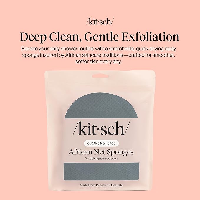 Kitsch African Net Sponge – Exfoliating Body Scrubber for Cleansing & Gentle Daily Exfoliation – Stretchable Bath Sponge for Hard-to-Reach Areas, Long-Lasting Shower Essential - Aqua Grey, 3 Pcs