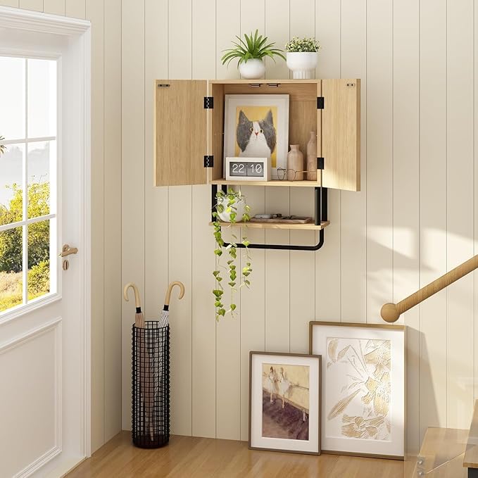 RUSTOWN Farmhouse Bathroom Wall Cabinet with 2 Door, 3-Tier Curved Profile Wooden Medicine Cabinet, Wall Mounted Storage Cabinet with Adjustable Shelf and Towel Bar (Natural, Small)