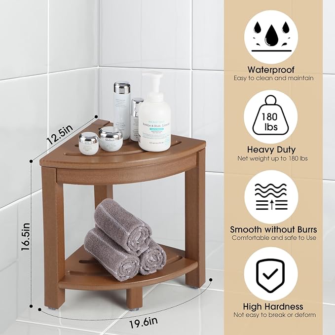 HDPE Corner Shower Stool,Shower Bench Seat with Storage Shelf for Shaving Legs Plastic Spa Bath Step Foot Rest for Bathroom Small Place (Teak)