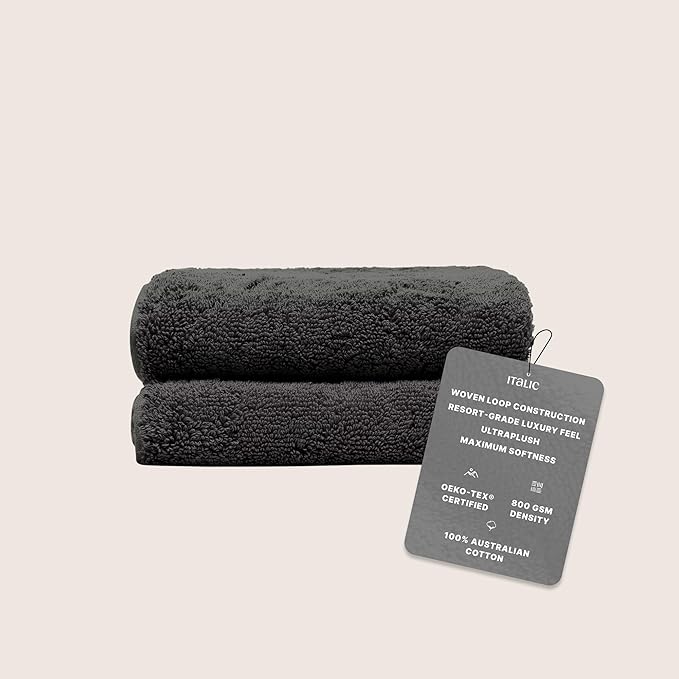 Italic Ultraplush 100% Australian Cotton Hand Towels - Set of 2 Luxury Hand Towels, Ultra Soft and Highly Absorbent 800GSM Towels for Bathroom,Shower, Hotel, and Spa (Charcoal)