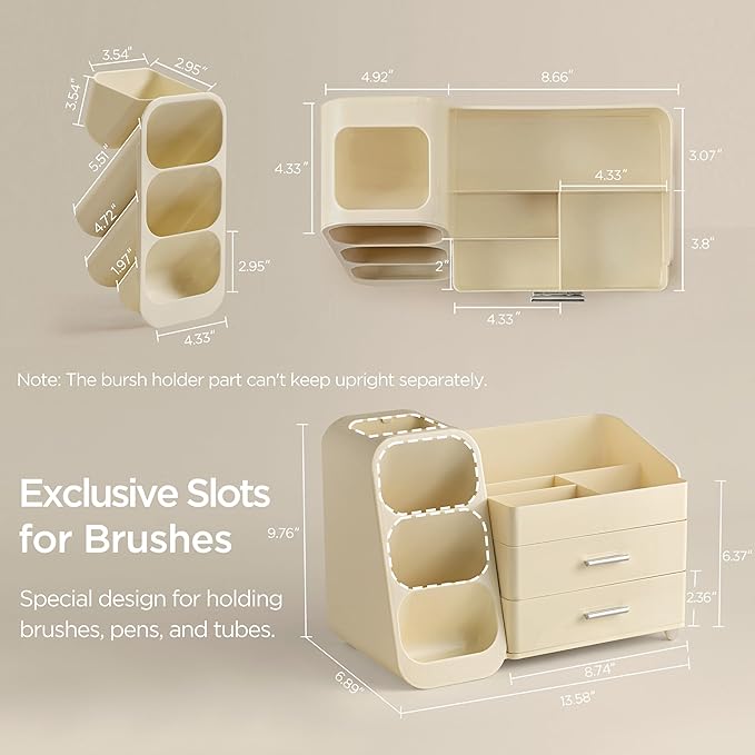 HBlife Makeup Organizer with Brush Holder for Vanity, Large Plastic Bathroom Countertop Organizer Skin Care Storage, Easy to Store Lipsticks, Nail Polishes, Perfumes, Eyeshadow Palettes, All Beige