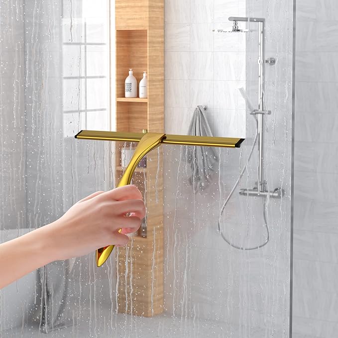 Shower Squeegee Set, 14-Inch Stainless Steel Squeegee, All-Purpose Squeegee for Bathroom, Shower Doors, Mirrors, Tiles, and Car Windows - 100% Streak Free, Includes Shower Door Hook and Adhesive Hook