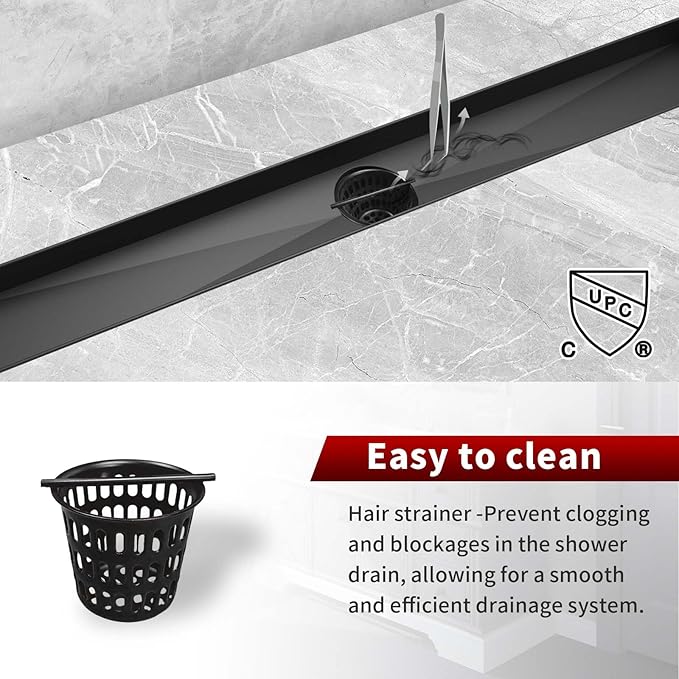 Sharp-tec Linear Shower Drain, 28 inch Shower Drain with Removable Pattern Cover, Matte Black 304 Stainless Steel Rectangle Floor Drain, Adjustable Feet and Hair Strainer Included (Model 101)