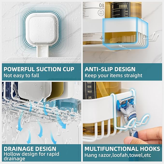 TAILI Shower Caddy Suction Cup 2 Pack,Stainless Steel Rustproof Shower Shelves,No Drilling Wall Mounted Basket,Large Capacity,Removable Suction Cup Bathroom Organizers & Home Decor, White