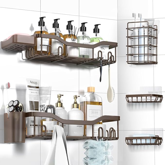 Shower Caddy Adhesive Shower Organizer 7-Pack, Rustproof Stainless Steel Bathroom Shelves, Large Capacity No-Drill Rack Storage Accessories with Soap Dish Toothbrush Holder Hooks (Brown)