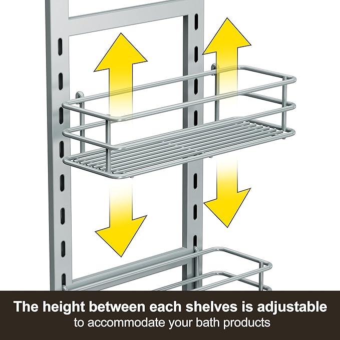 Orimade Adjustable Anti-slip Shower Caddy Overhead, Rustproof Hanging Shower Organizer With 2 Razor Hooks - No Drilling, 3-Tier Shelves, Silver Grey