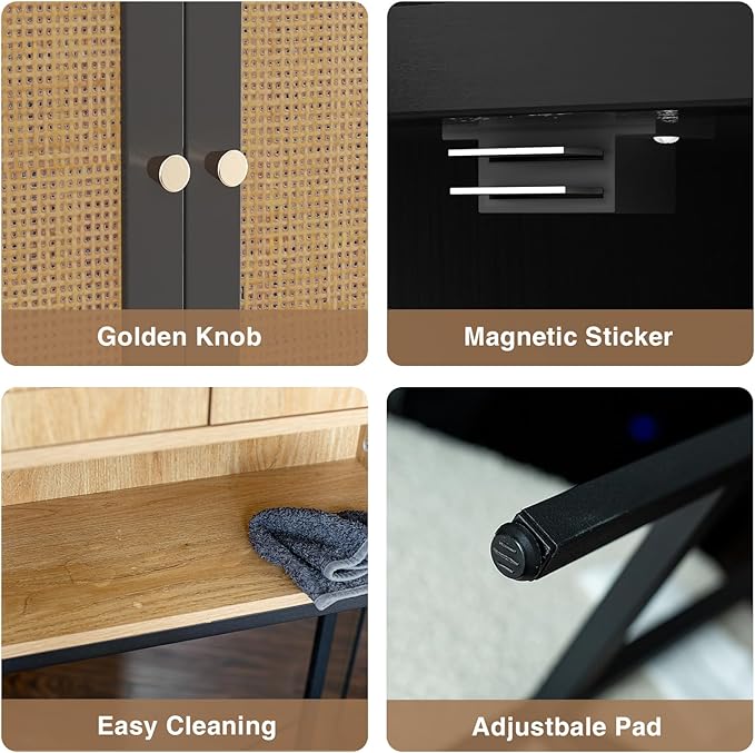 Rattan Toilet Storage Cabinet, Over The Rack Wood Cabinet with Metal Stand, Bathroom Organizer with Adjustable Shelf, Tall Freestanding Washer Shelf, Small Cupboard, Black