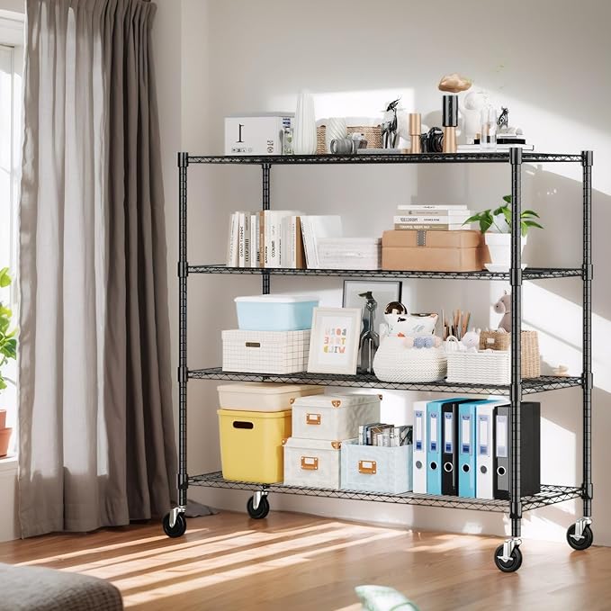 Himimi 72" H Storage Shelves 4 Tier Metal Shelving Adjustable Wire Shelf with Wheels, Heavy Duty Shelving for Garage Kitchen Pantry Bathroom Laundry 18" D*48" W*72" H, Black