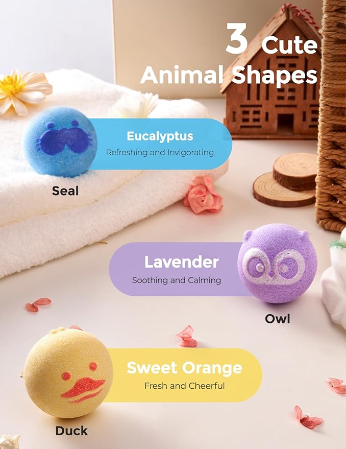 Momcozy Natural&Organic Essential Oil Bath Bombs,3 Pcs Bubble Bath Fizzy Balls with 3 Cute Animal Shapes,Bath Bombs Gift Set for Kids Girls Boys Toddler, Ideal Gift for Birthday, Bath Bomb Kit