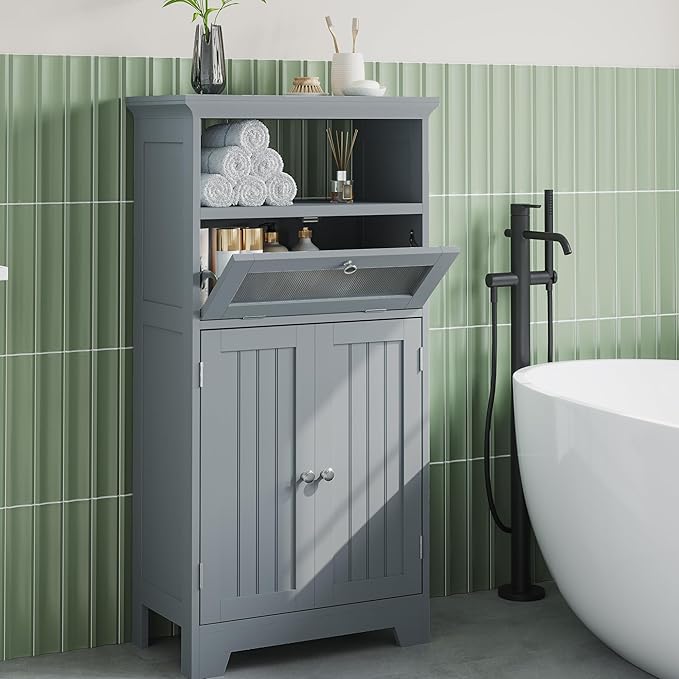 ChooChoo Bathroom Floor Storage Cabinet with Flip Glass Drawer, Bathroom Cabinets Freestanding with 2 Doors Adjustable Shelf & 1 Open Storage for Bathrooms, Living Room, Hallway, Grey