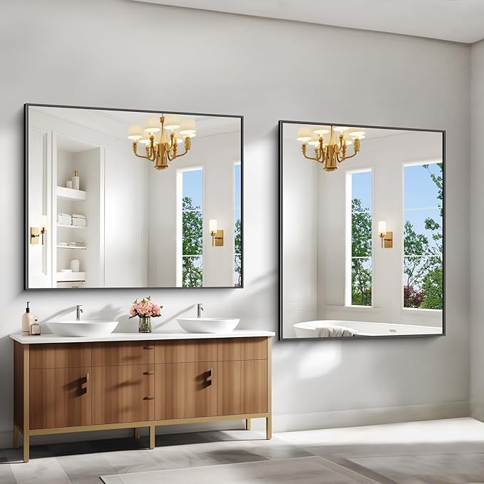 BONEWEI Bathroom Mirror,40x48 inch Bathroom Mirrors for Over Sink,Large Wall Mirror for Bathroom Wall Mounted Rectangle Mirrors,Black Vanity Mirror for Living Room,Bedroom Entryway,Horizontal/Vertical