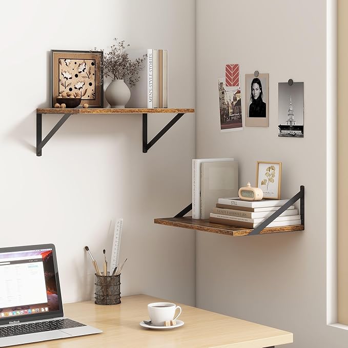 18"W x12"D Floating Shelves, Farmhouse Wall Shelves Home Decor Shelf, Deep Bathroom Shelf with Bracket, 12 Inch Deep Wall Shelves for Living Room, Kitchen, Bedroom, Rustic Brown, Set of 2