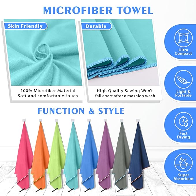 HOEAAS 2 Pack Microfiber Camping Towels, Quick Dry Towel, Super Absorbent Ultra Compact Travel Towel Soft Lightweight Sports Towel for Sweat Fast Drying Towels for Pool,Gym,Hiking,Backpacking,Fitness