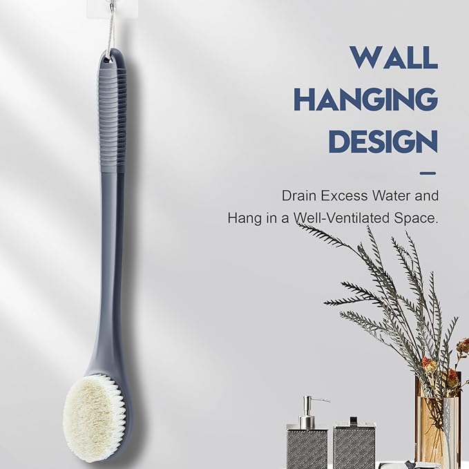 Back Scrubber for Shower, Shower Body Brush for Cleaning with Long Handle for Showering, 17 Inch Back Washer Exfoliator for Shower Men Women with Non-Slip Handle, Adhesive Hook (Gray)