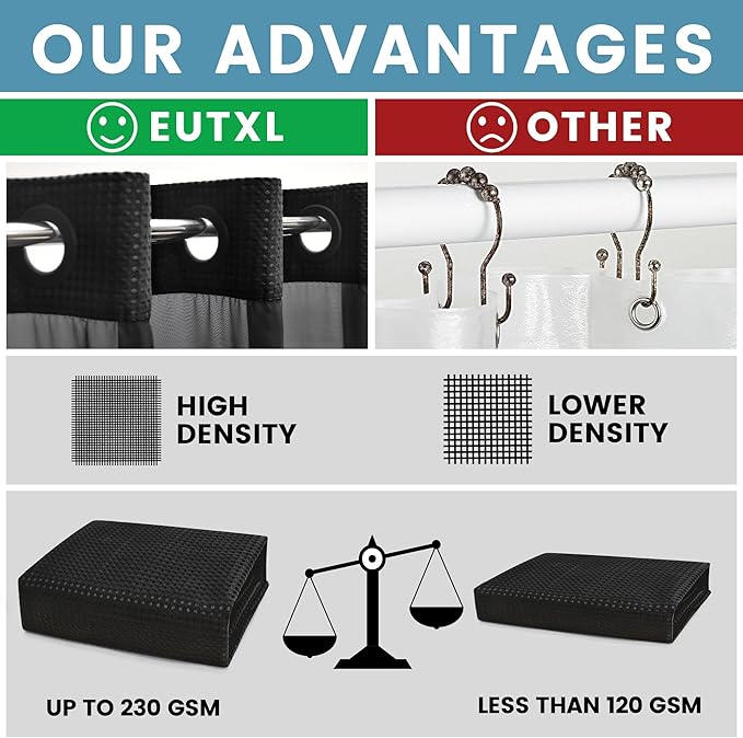 Black Stall Shower Curtain with Liner - 230GSM Waffle Textured Heavy Duty Shower Curtains for Bathroom,54W x 80H