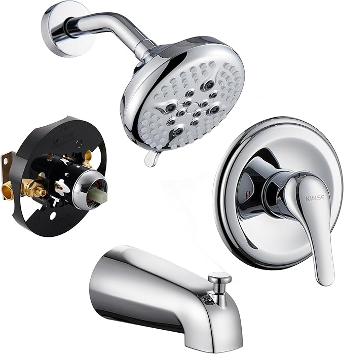 KINSE Tub shower faucet set, 5-Inchs bathtub faucet set,Single-Handle Shower Faucet set,5+1 Functions shower system,chrome shower set With tub spout (Shower Valve Included) chrome