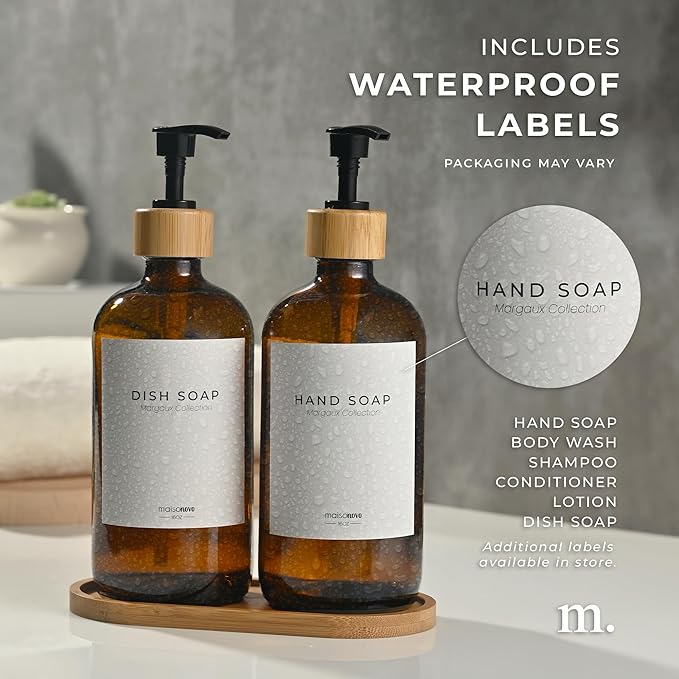 Maisonovo Glass Soap Dispenser Bathroom Set | Hand Soap and Dish Soap Dispenser Set | 16.9oz Amber Bottles with Black Bamboo Pump | Bathroom Lotion Dispenser with Pump Set of 2