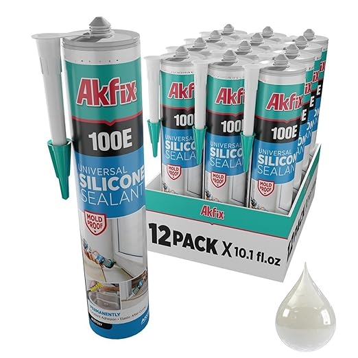 Akfix 100E RTV Silicone Caulk Clear (12x10.1 fl.oz.)- 100% Silicone Sealant Waterproof for Kitchen and Bathroom, Shower, Window and Door | Clear, 12 Pack