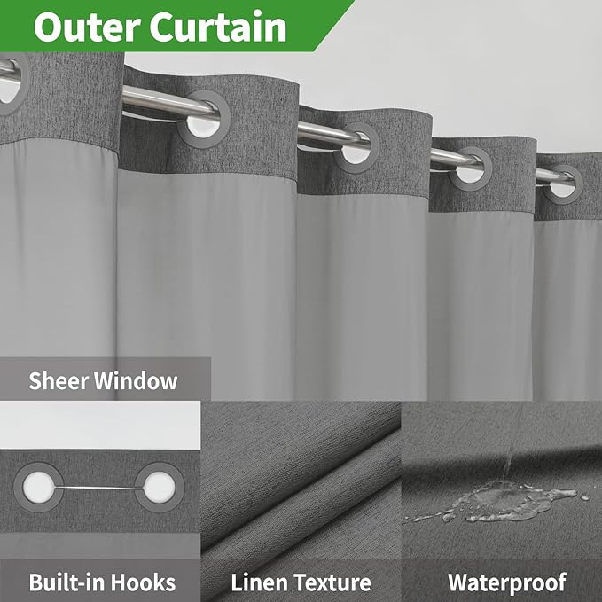 No Hooks Needed Linen Textured Shower Curtain with Snap-in Fabric Liner Set,Hotel Luxury Decor Waterproof Shower Curtains for Bathroom with Mesh Top Window,Washable,71Wx74H,Charcoal Grey