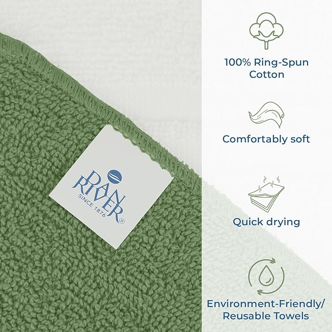 DAN RIVER 100% Cotton Washcloths 20 Pack Premium Quality Face and Body Cloth, Quick Dry Essential Towels for Bathroom, Hand, Kitchen & Cleaning, Baby Rugs | 11X11 in | 400 GSM | Sage Green+White
