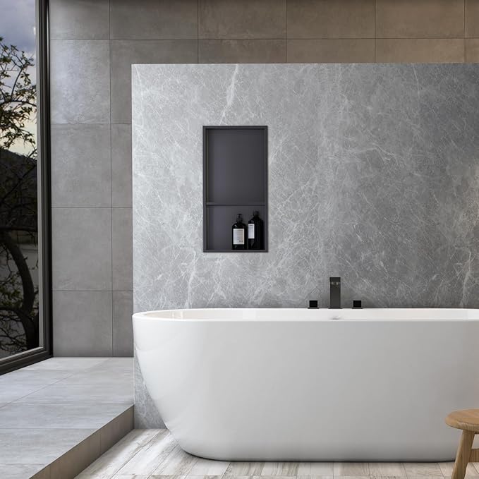 24x12 Shower Niche, No Tile Needed Insert, 304 Stainless Steel, Sloped Base, Matte Black in-Wall Shelf