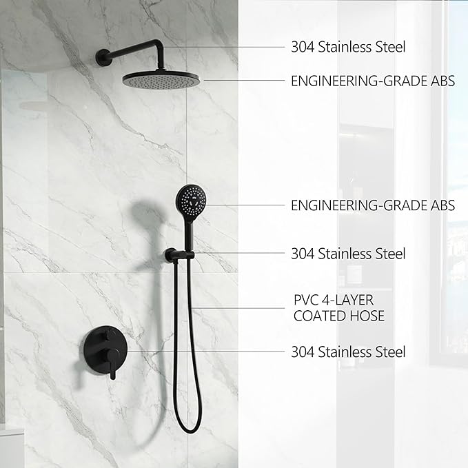 Matte Black Shower Faucet Set, Wall Mount Rain Shower System 10 Inches Shower Head and Shower Handheld, Included Pressure Balance Valve and Trim Kit