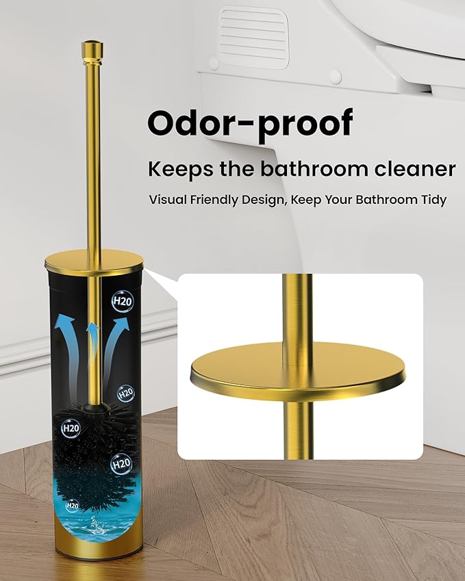 Toilet Brush and Holder Set, Toilet Bowl Brush for Bathroom with Long Handle, Stainless Steel Toilet Cleaner Brush with Durable Scrubbing Bristles,Splash-Prooft (Brushed Gold)