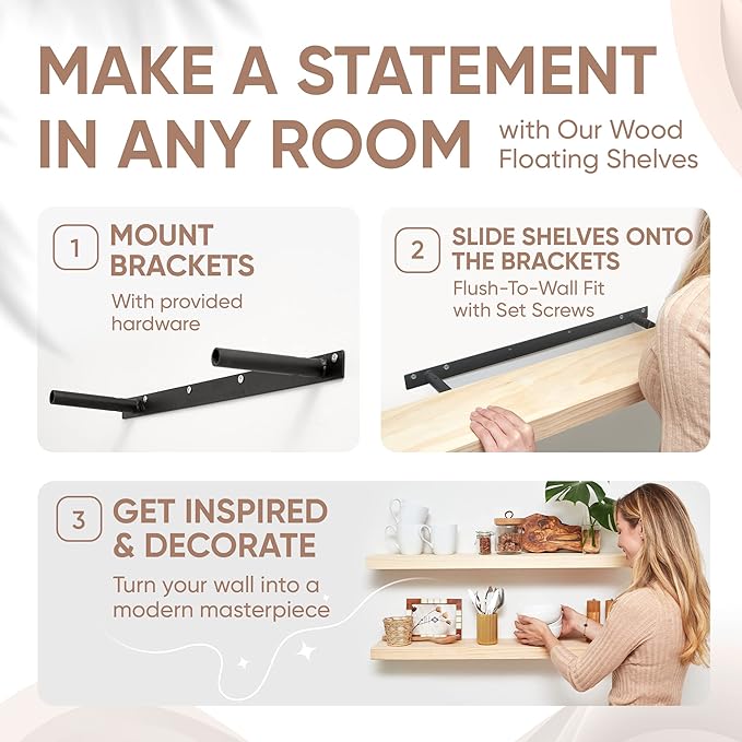 Homeforia 36 inch Wood Floating Shelves, High End Solid Natural Wood 36inch Large Floating Shelf Bathroom, Unfinished Wooden Floating Shelves for Wall, Heavy Duty Bracket, 36 X 6.5 X 1.75 in, Set of 4