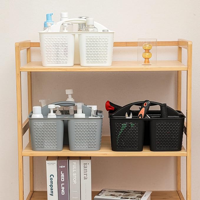 UUJOLY Plastic Portable Shower Caddy Basket Bucket, Cleaning Shower Basket with Handle Compartments Storage Basket Organizer for Bathroom Kitchen College Dorm Sink, White