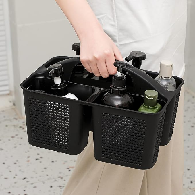 UUJOLY Plastic Portable Shower Caddy Basket Bucket, Cleaning Shower Basket with Handle Compartments Storage Basket Organizer for Bathroom Kitchen College Dorm Sink, Black