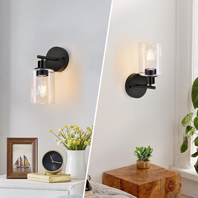 Set of 2 Wall Sconces for Bathroom,Black Modern Vanity Lights with Clear Glass Shade,Bathroom Wall Lamp for Mirror Kitchen Living Room Hallway Cabinet Porch
