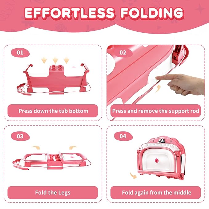 Baby Bathtub,Collapsible Baby Bath Tub with Thermometer & Soft Floating Cushion,Portable Travel Baby Bathtubs for Newborns to Toddlers 0-36 Months(Bear Pink)
