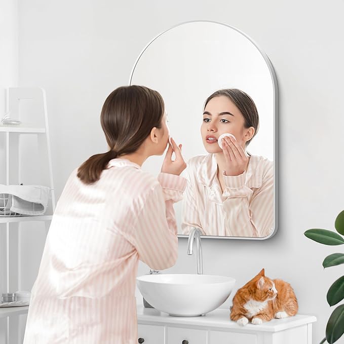 Arched Bathroom Mirror, 26"x38" Silver Arched Mirror for Bathroom, Wall Mounted Mirror, Silver Vanity Wall Mirror w/Metal Frame for Bedroom, Entryway, Living Room, Hanging or Leaning Against Wall