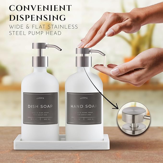 Lotion, Hand & Dish Soap Dispenser for Kitchen Sink - Bathroom Soap Dispenser Set of 2 16.8 Oz Glass Bottles with Stainless Steel Pump, 15 Water Proof Labels & Silicon Tray (White/Silver)